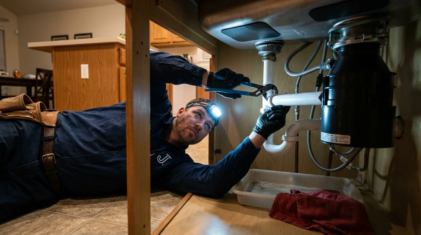 P-trap and supply line connections under a kitchen sink showing a common leak point in Clifton, NJ